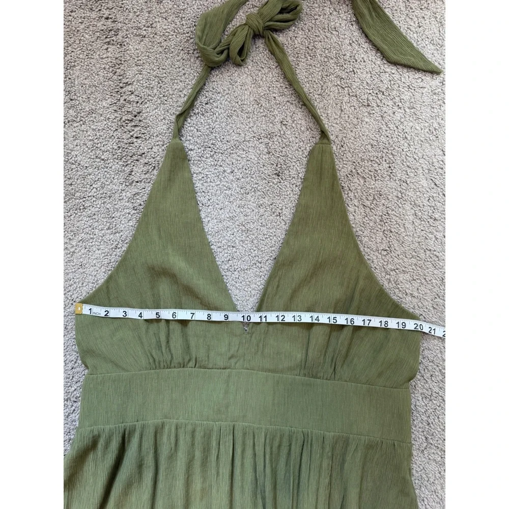 Abercrombie & Fitch Olive Green Halter Maxi Dress Textured V-Neck Slit XL Fall